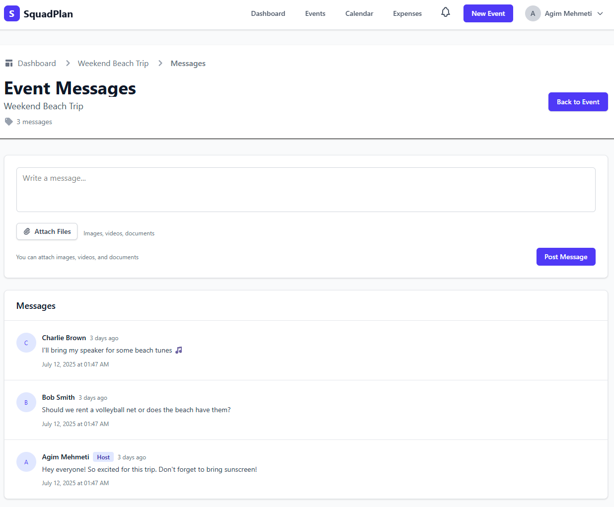 Chat panel showing real-time communication between event attendees