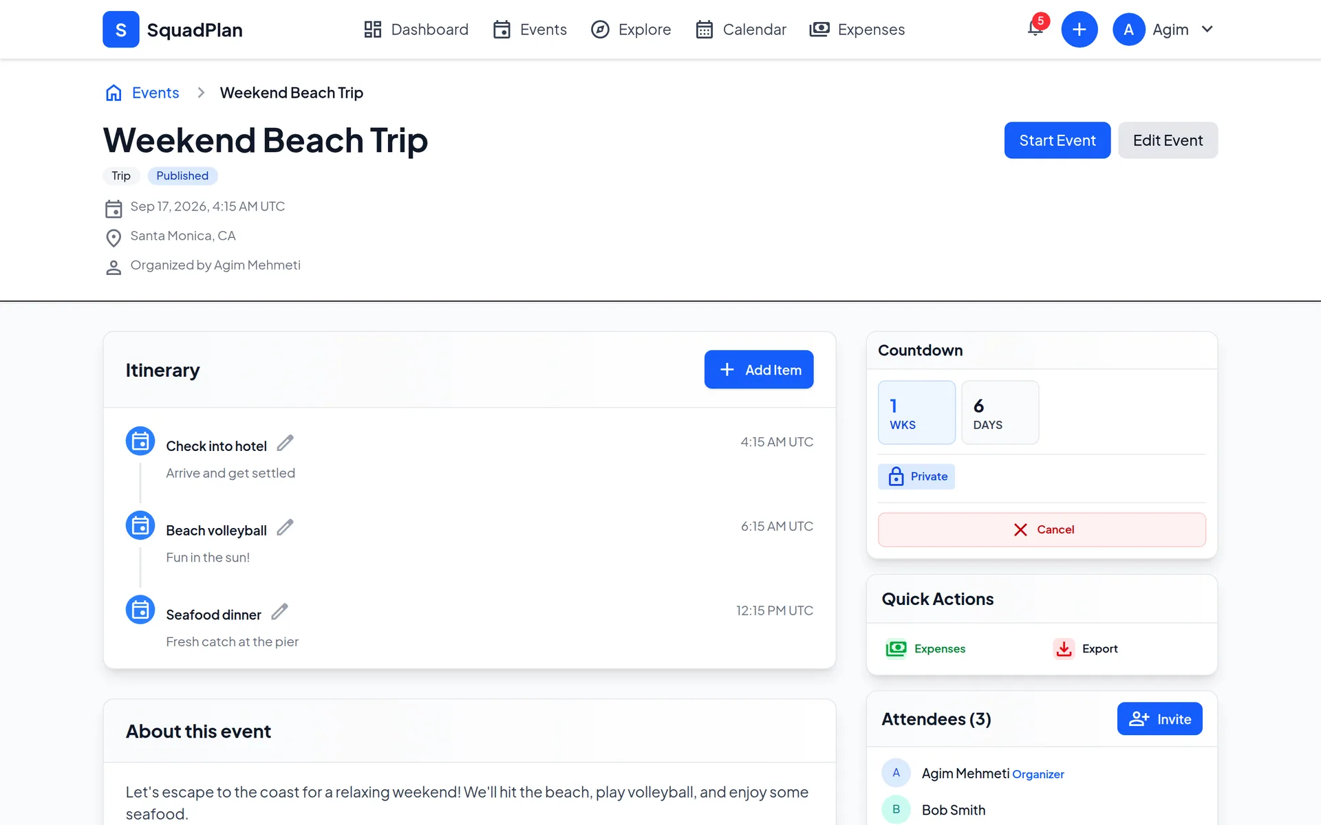 A SquadPlan event dashboard with itinerary, countdown and attendees