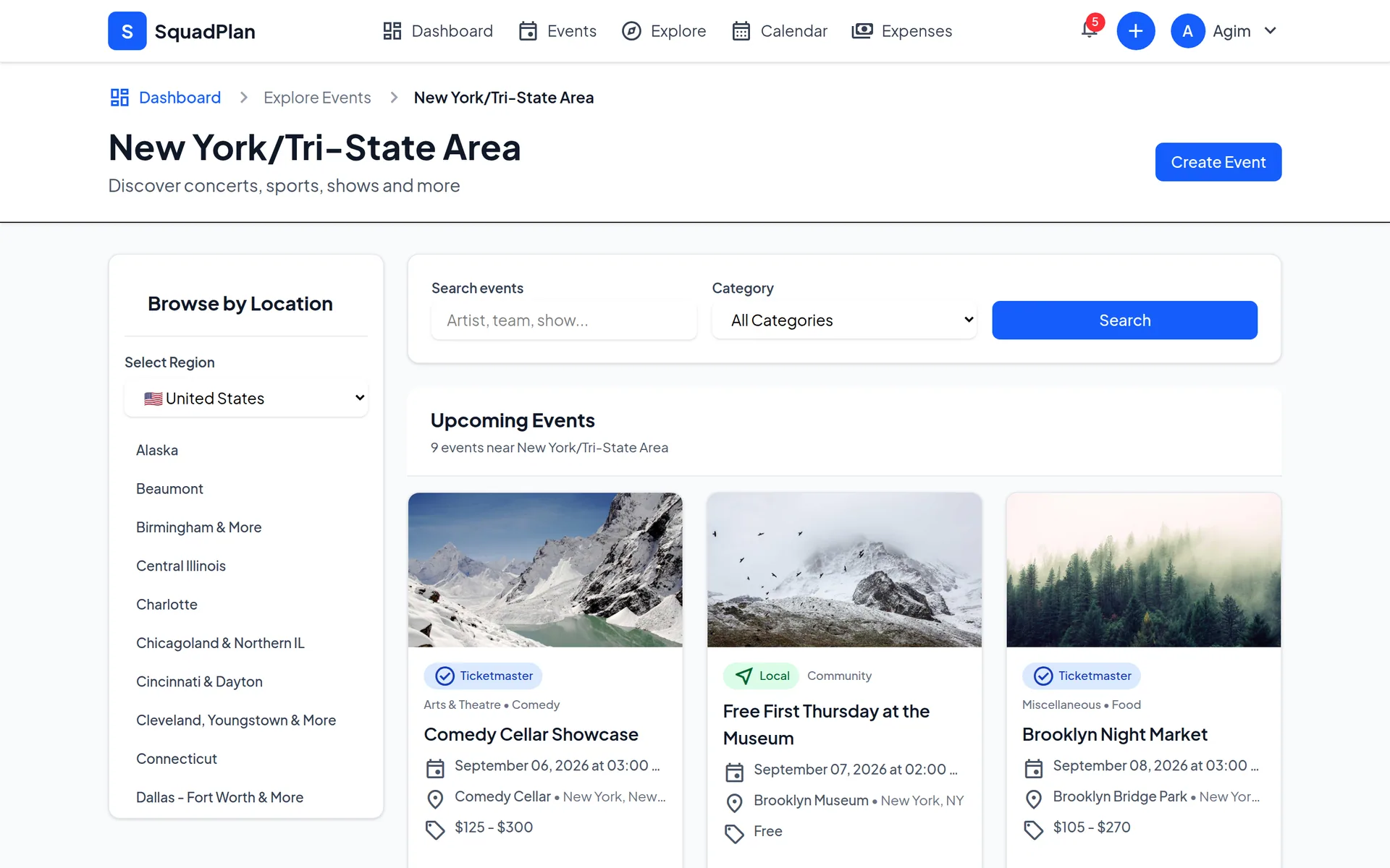 The SquadPlan explore feed for a metro area, mixing ticketed and local events