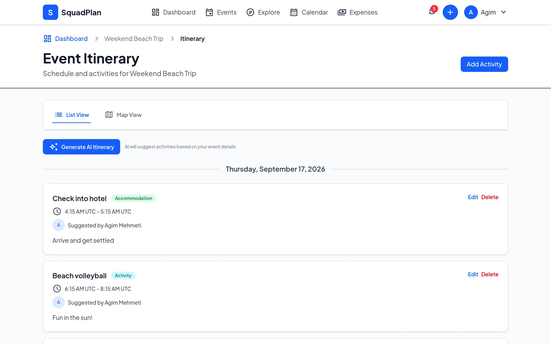 Shared itinerary in SquadPlan