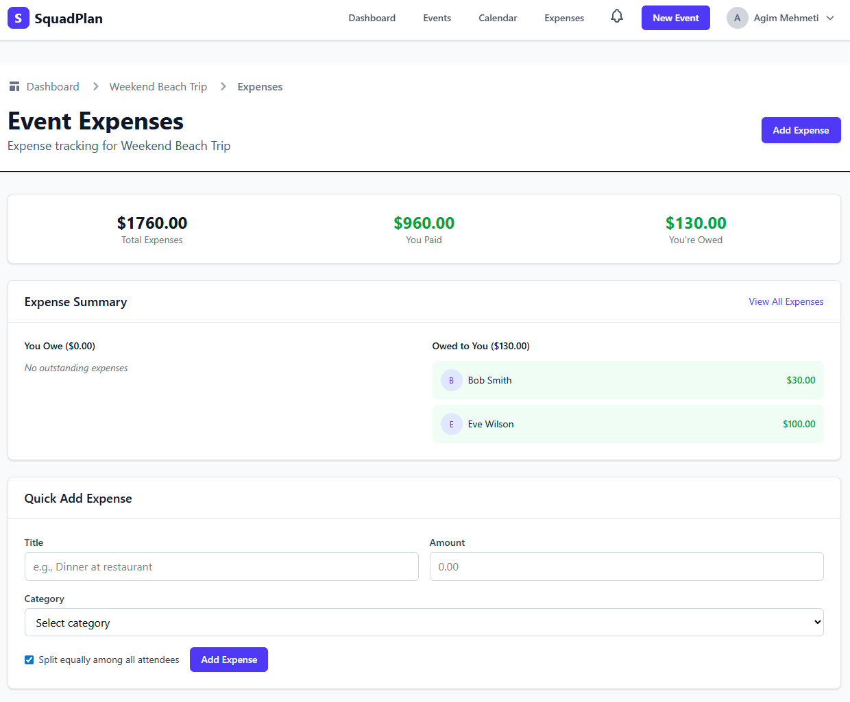 User dashboard showing upcoming events, invitations, and quick access to planning features